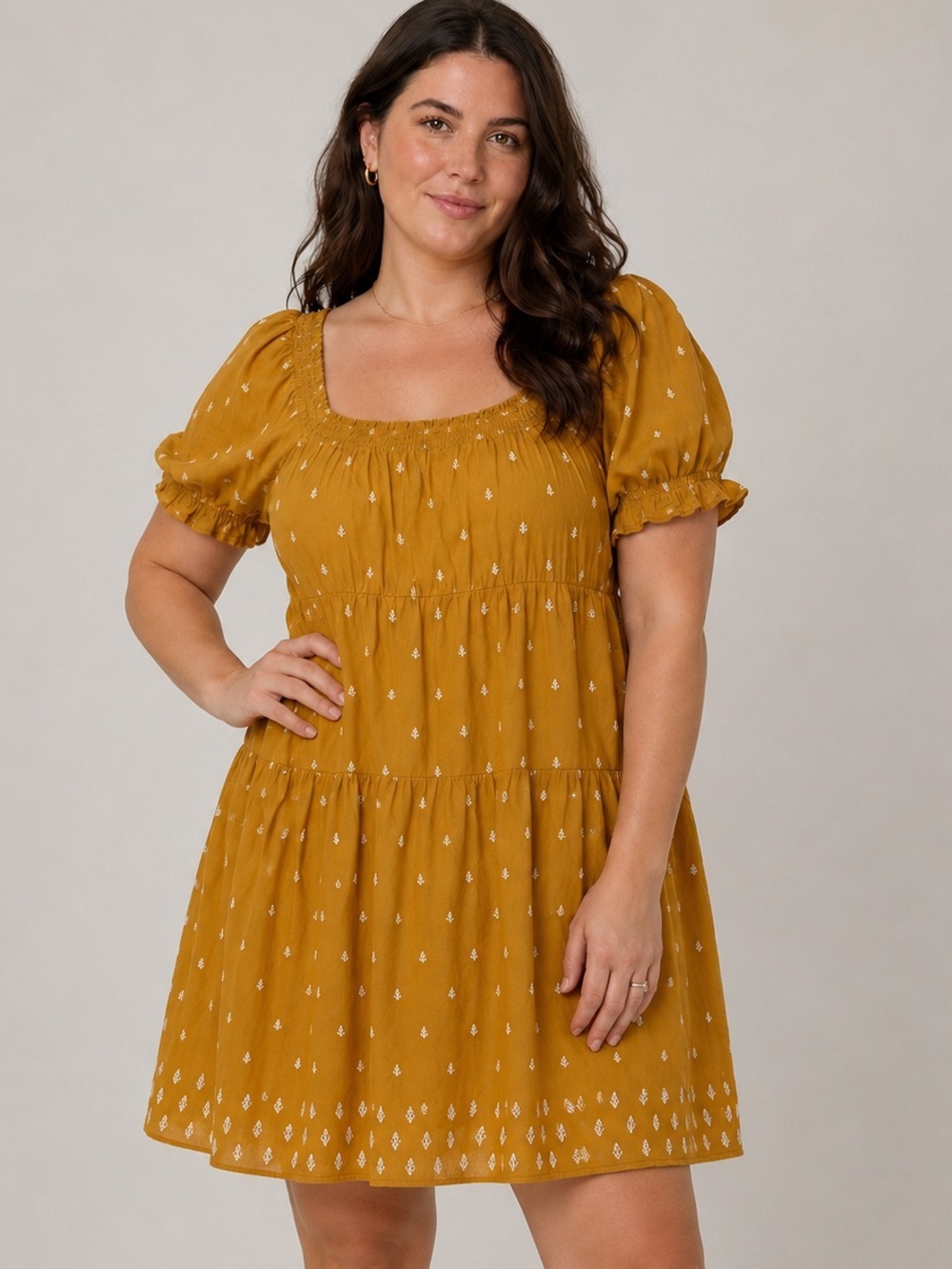 NWT Old Navy Puff Sleeve Tiered Smocked Embroidered Mini Swing Dress w Pockets